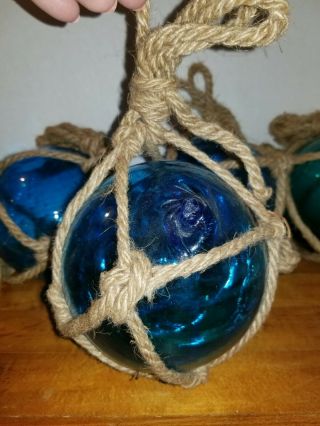 5 Vintage Hand Blown Glass Fishing Balls Blue Amber Floats Buoy Nautical