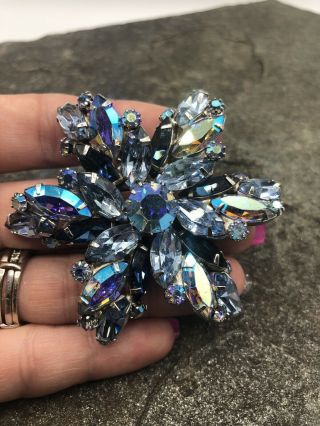 Vtg Juliana?? Multi Color Blue And Ab Glass Rhinestone Figural Flower Brooch