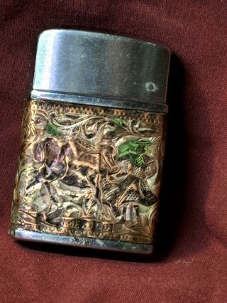 Vintage:: Hestia Lighter Copper Etched Cover.  Mexico Circa 1960.