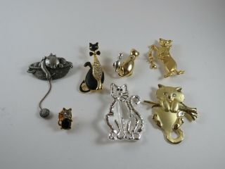 Vintage Jj Marked Ajc Gold Tone Silver Tone Rhinestones Cat Kitten Brooches Pins