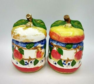 Vintage Set 2 Ceramic Hand Painted Apples Lidded Jar Canister
