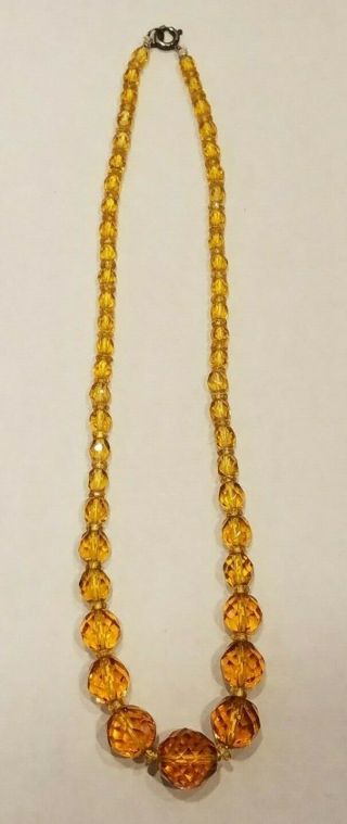 Vintage Graduated Faceted Amber Glass Bead Necklace Yellow Gold Crystal 16 Inch