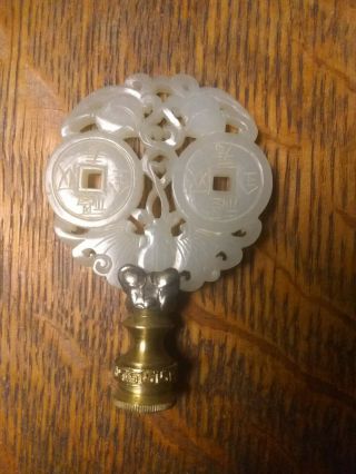 Fine Antique Chinese Carved White Jade Lamp Finial Bats Coins Blossoms
