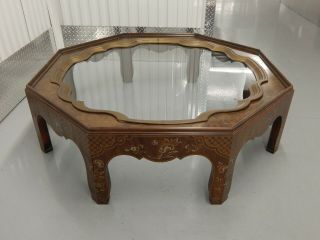 Baker Collectors Edition Octagon Coffee Table Inlaid Wood Brass & Glass Tray Top
