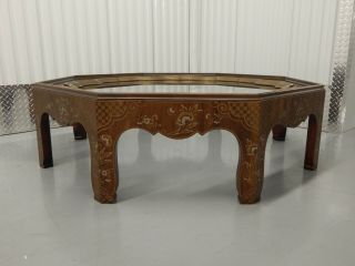 Baker Collectors Edition Octagon Coffee Table Inlaid Wood Brass & Glass Tray Top 2
