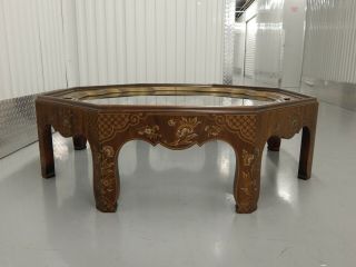 Baker Collectors Edition Octagon Coffee Table Inlaid Wood Brass & Glass Tray Top 3
