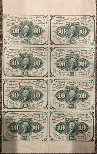 Fr 1242 8 Note Un Cut Sheet 10 Cent " Postage " Fractional Currency Old Antique