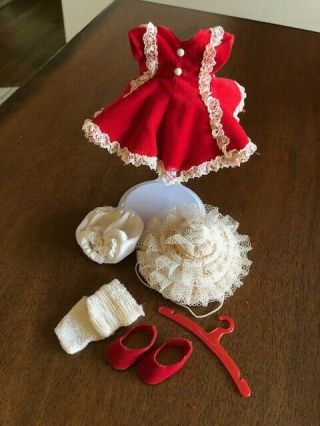 Vintage Ginny Vogue Tagged Red Velvet Dress With Red Velvet Shoes And Lacy Hat