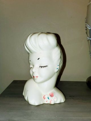 Vintage Art Deco Lady Woman Head Vase Planter Ivory