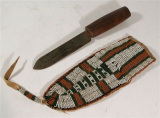 1880s Native American Sioux Indian Bead Decorated Hide Knife Sheath And Knife