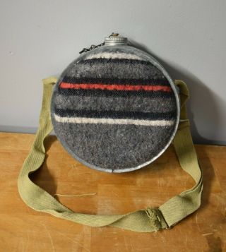 Vintage Metal Canteen With Wool Blanket Side Covering & Strap