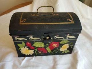Rare Antique American Hand - Painted Tin Toleware Box Dome Lid Latches