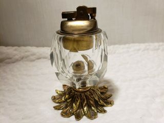 Vintage Crystal Glass Table Lighter Brass Footed