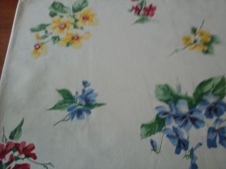 Vintage Cotton Floral Tablecloth Blue,  Red And Yellow.  No Stains Or Holes.