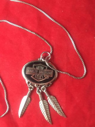 925 Vtg Sterling Silver Chain Necklace W Harley Davidson Silver Tone Pendant 22”