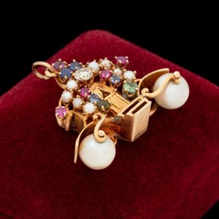 Antique Vintage Deco 18k Gold Diamond Ruby Sapphire Pearl Carriage Charm Pendant