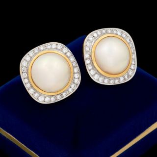 Antique Vintage Deco Retro 14k 18k Bi Gold Mabe Pearl 2.  8 Cts Diamond Earrings