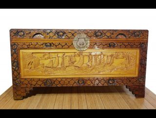 Traditional Chinese Five Sides Carved Camphor Wooden Trunk Chest