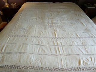 Heirloom Antique Vintage Hand Pull Work Ivory Lace Tablecloth Spread 96x84