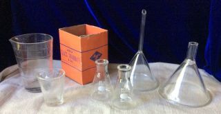 Vintage Lab Funnel Glass Stem Kimax,  Measuring Cups Agfa,  Lab Bottle Pyrex