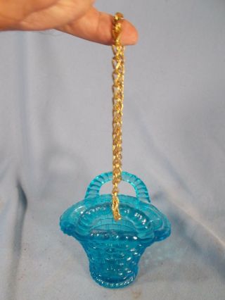 Victorian Blue Basket Glass Hanging Match Holder For Hanging Oil Lamp & Chain