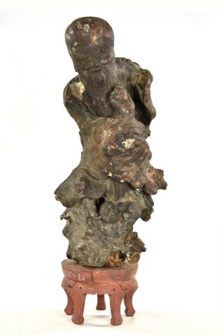 Antique Chinese Root Wood Carved Statue / God Of Longevity,  Qing Dynasty,  19th C