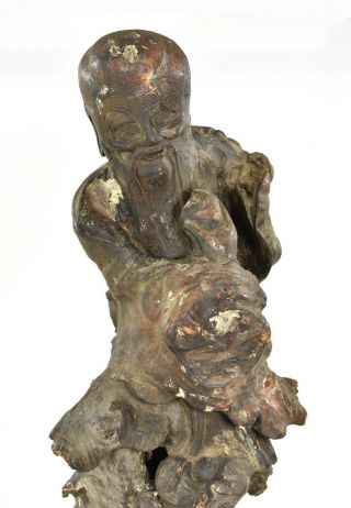 Antique Chinese Root Wood Carved Statue / God of Longevity,  Qing Dynasty,  19th c 2