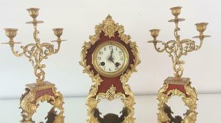 Antique French Mantle Clock Rococo 1880 Gilt Bronze Rococo 3 Piece Set