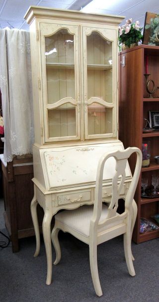 Ethan Allen French Country Antiqued Cream Writing Desk Hutch Top With Chair
