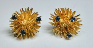 Vintage 14k Yellow Gold Spikes Floral With Blue Sapphires Earrings Push Back