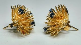 Vintage 14K Yellow Gold Spikes Floral With Blue Sapphires Earrings Push Back 2