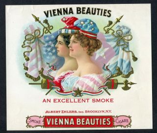 Old Vienna Beauties Cigar Label - Two Women,  Two Flags,  Gold Trim