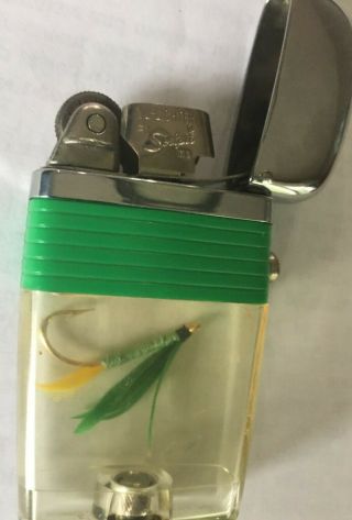 Vintage Scripto Vu Fly Fishing Lure Hook Lighter Gold Hook Green 1102.  29