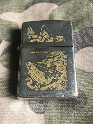 1966 Vintage Zippo Lighter Sports Series Fly Fishing Trout Fisherman