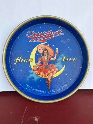 Vintage Miller High Life Girl On Moon 13 " Round Metal Beer Serving Tray