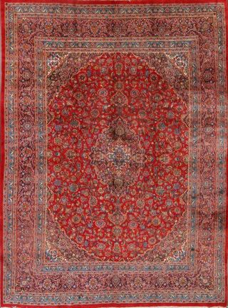 Vintage Traditional Floral Kashmar Hand - Knotted 10x13 Red Wool Area Rug