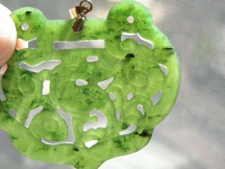 Vintage Chinese Carved Jade Jadeite Pendant Apple Green 14k Bail Flowers Birds