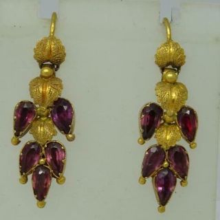 Early Antique Victorian Almandine Garnet Drop Earrings In 15ct Gold
