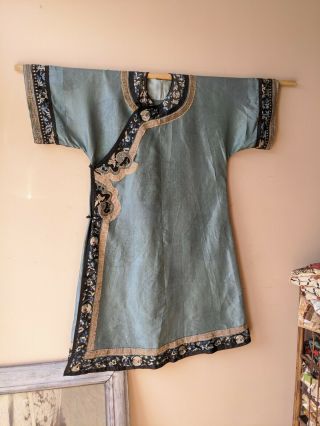 Antique Chinese Court Robe Qing Raw Silk Blue Ground Kesi Embroidery Trim