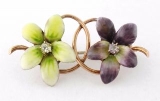 Antique Victorian 14k Gold Enamel Diamond 2 - Violet Flowers Brooch Pin