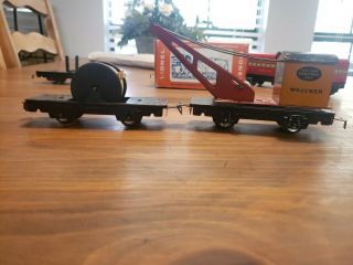 Vintage Tin Train Car O Scale By Marx Round Top Black Orange Wrecker W Cable Car