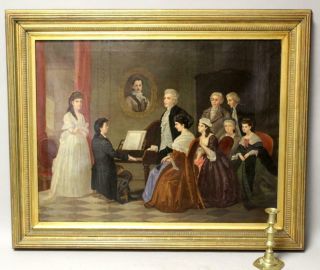 A Great 19th C Folk Art O/c Painting Of A Man Playing Piano In A Music Room