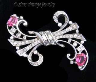 Vintage 1940’s Art Deco Style Pave Rhinestone Pink Bow Swirl Silver Pin Brooch