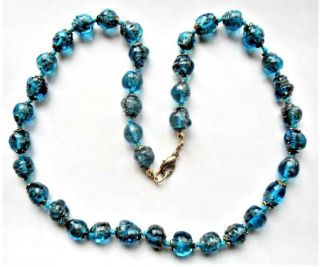 Vintage Venetian / Murano Teal & Copper Glitter Swirls Glass Bead 18.  5 " Necklace