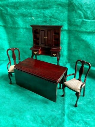 Dollhouse Miniature Dining Room Set With Hutch,  2 Matching Chairs.