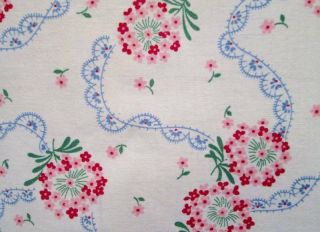 Vtg Feedsack Full 30s Cotton Fabric Antique Blue Lace Pink Red Flowers On White