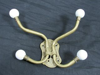 Vintage Brass And Porcelain White Knob Coat Hooks Two Hook Single Unit