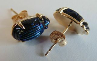Rare Pr Antique L.  C.  Tiffany Favrile Art Glass Cobalt Scarab 14kt Gold Earrings