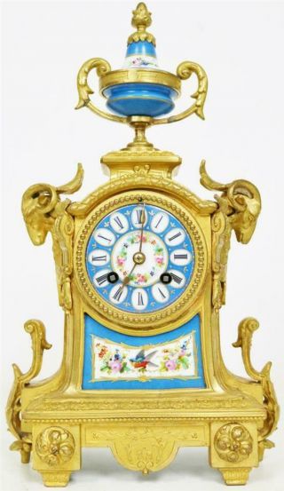 Antique French Gilt Metal & Blue Sevres Porcelain 8 Day Striking Mantle Clock