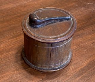 Antique Round Wood Tobacco Jar With Wood Pipe On Cover,  3 "